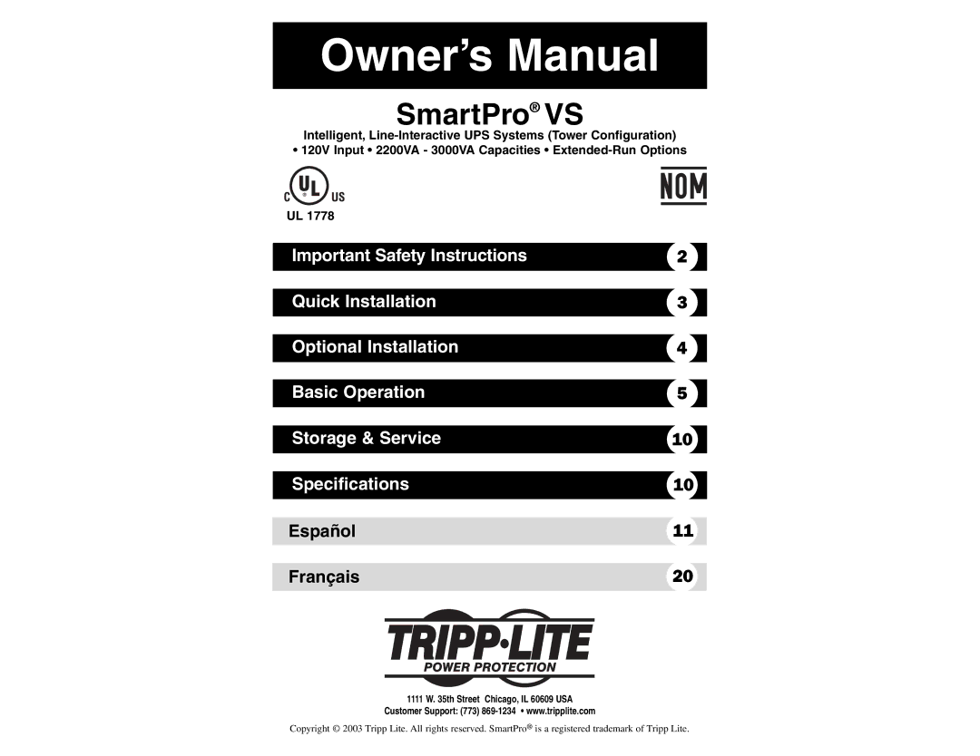 Tripp Lite owner manual SmartPro VS, Español Français 