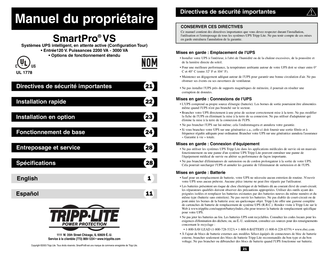 Tripp Lite VS owner manual English Español, Directives de sécurité importantes 