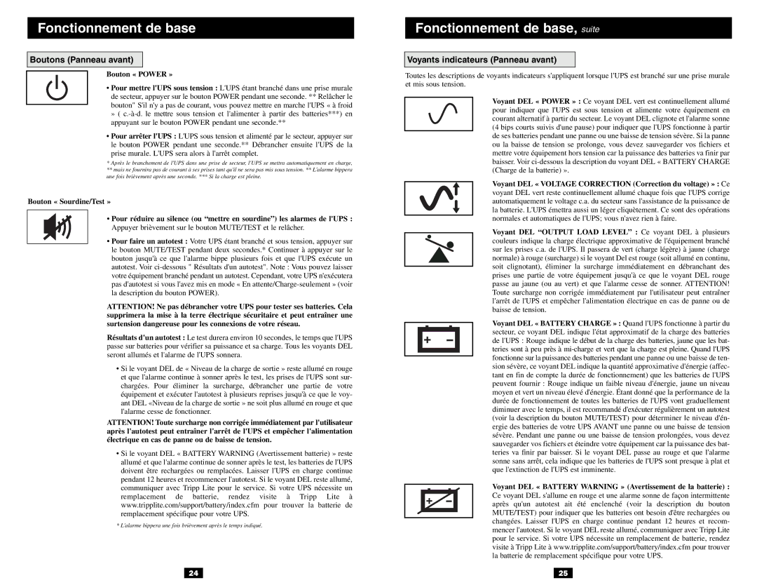 Tripp Lite VS owner manual Fonctionnement de base, suite, Boutons Panneau avant, Voyants indicateurs Panneau avant 