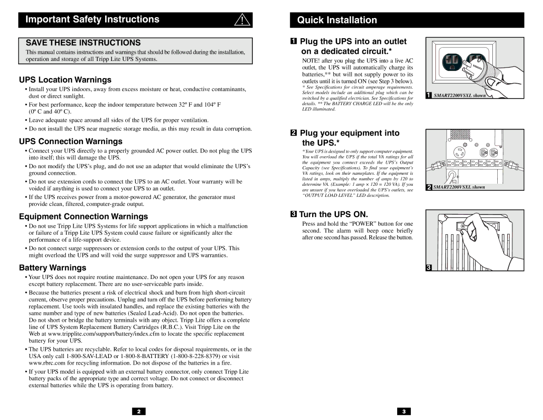 Tripp Lite VS owner manual Important Safety Instructions Quick Installation 