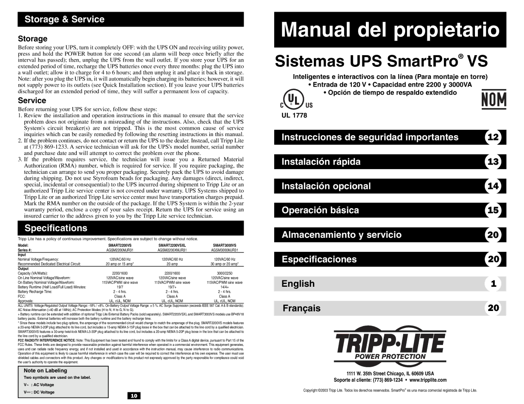 Tripp Lite VS owner manual English Français, Storage, Service 