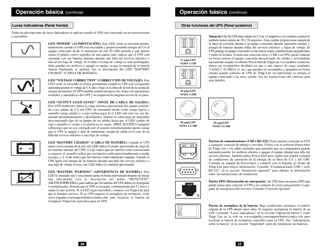 Tripp Lite VS Operación básica continúa, Luces indicadoras Panel frontal, Otras funciones del UPS Panel posterior 