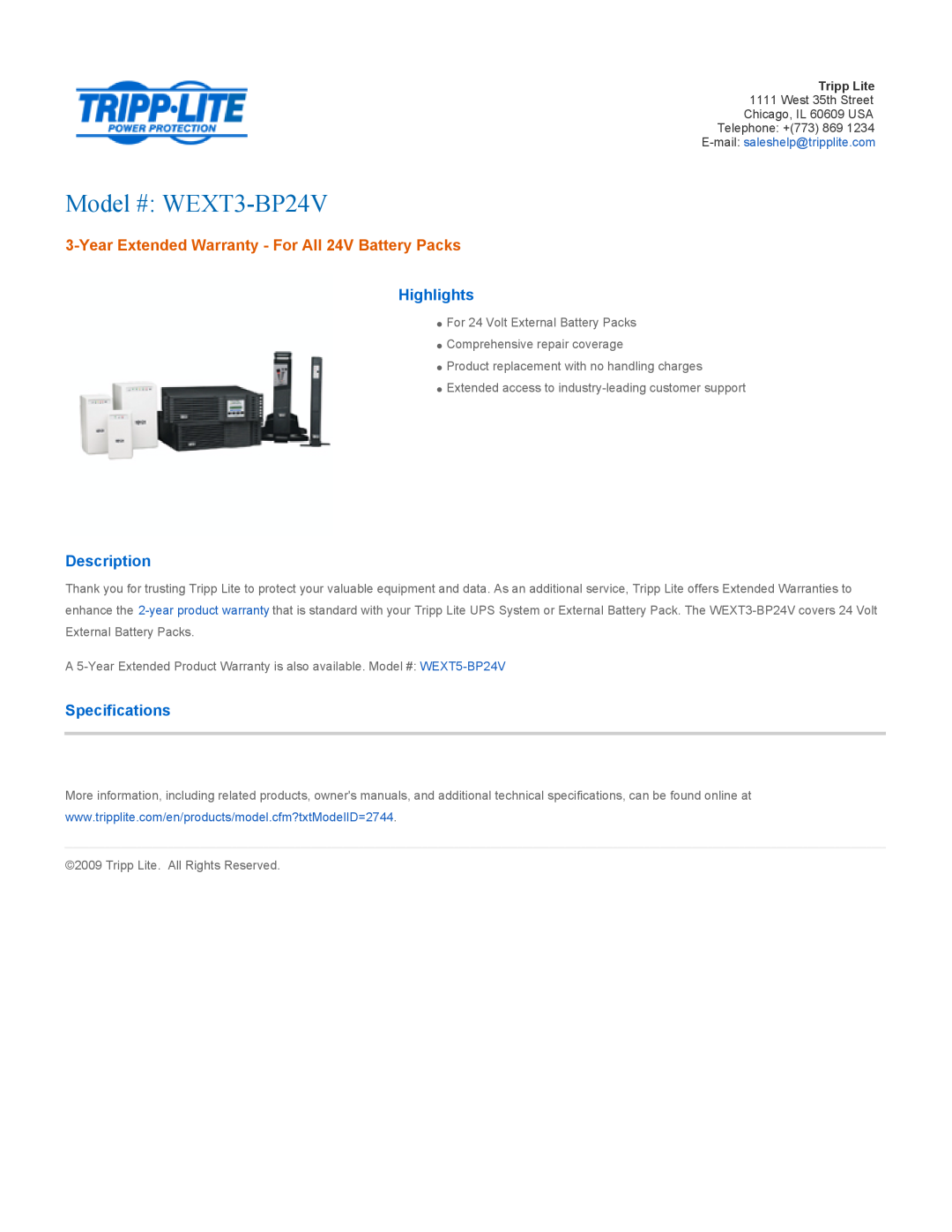 Tripp Lite warranty Model # WEXT3-BP24V, Year Extended Warranty - For All 24V Battery Packs, Highlights, Description 