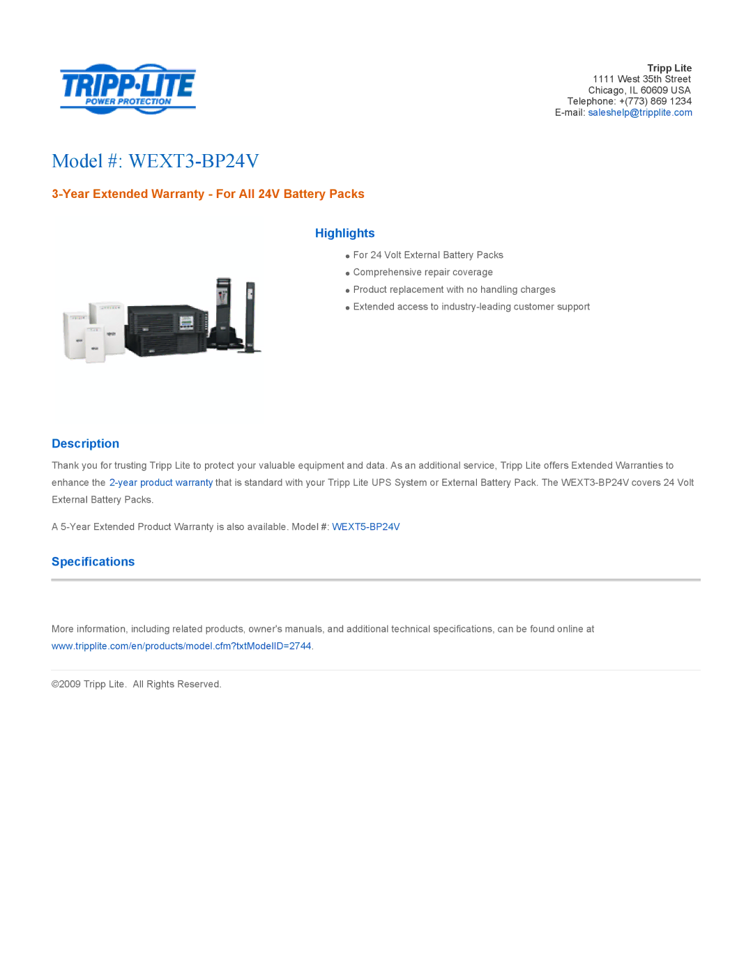 Tripp Lite warranty Model # WEXT3-BP24V, Year Extended Warranty For All 24V Battery Packs, Highlights, Description 