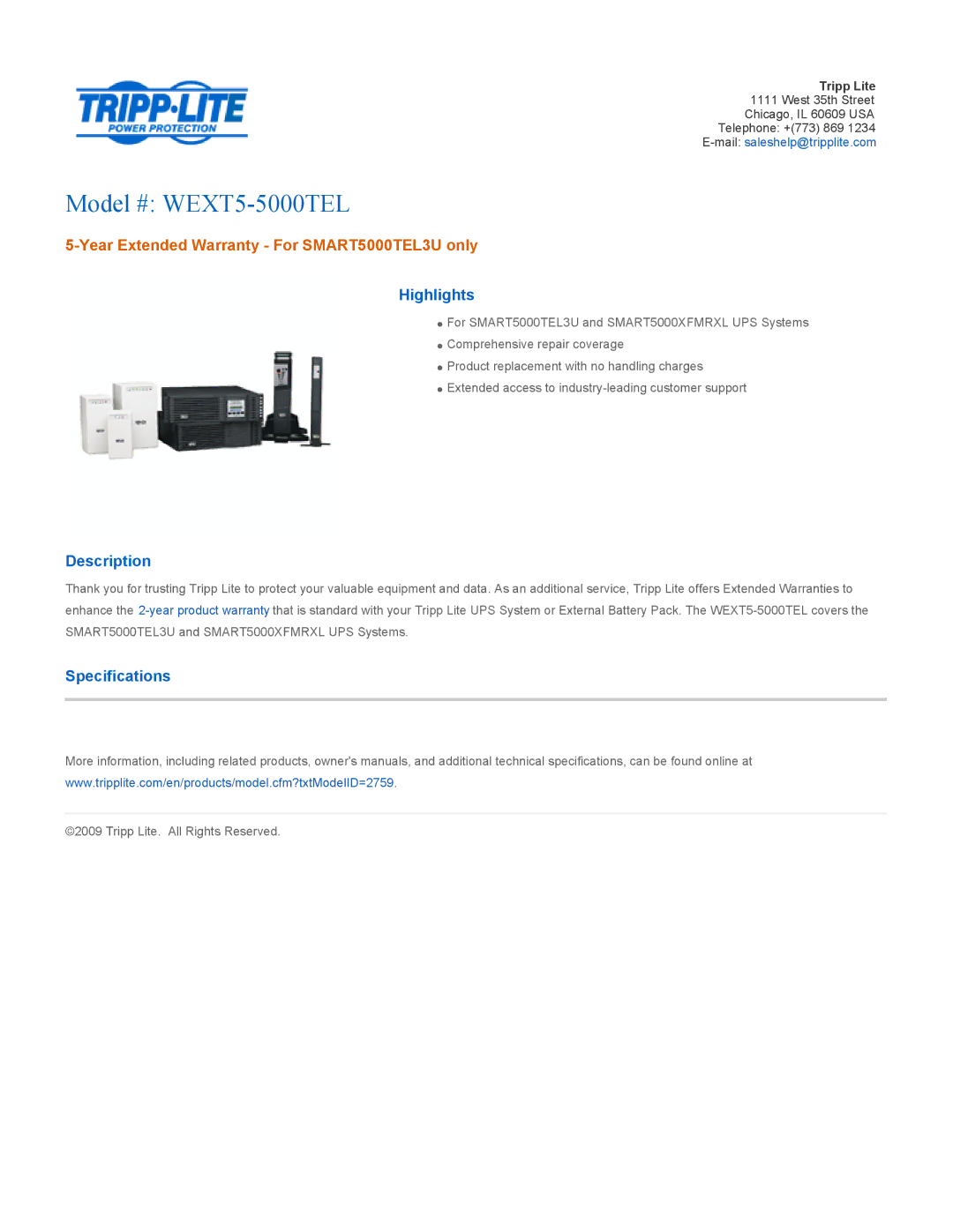 Tripp Lite warranty Model # WEXT5-5000TEL, Year Extended Warranty For SMART5000TEL3U only, Highlights, Description 