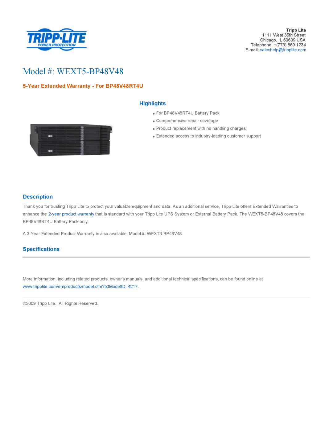 Tripp Lite warranty Model # WEXT5-BP48V48, Year Extended Warranty - For BP48V48RT4U, Highlights, Description 