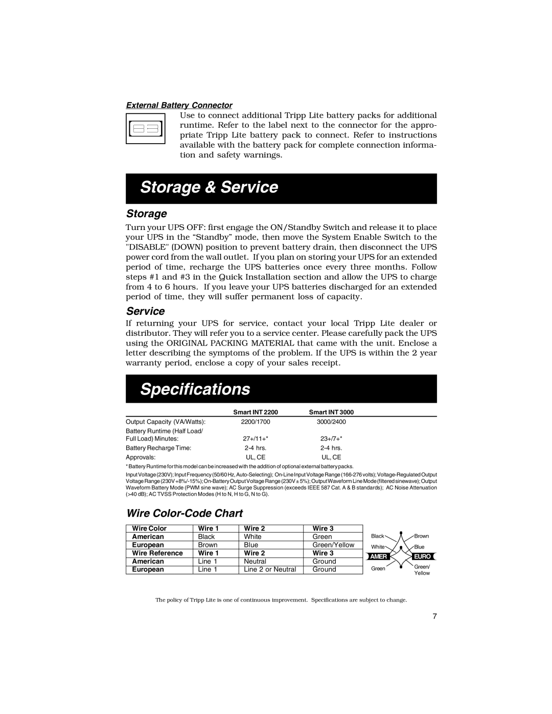 Tripp Lite XL INT 3000, XL INT 2200 specifications Storage & Service, Specifications, Wire Color-Code Chart 