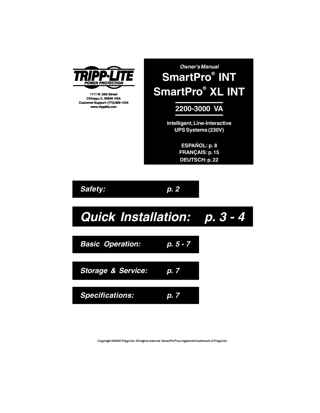 Tripp Lite XL INT 2200 specifications Quick Installation p. 3, SmartPro INT SmartPro XL INT, 2200-3000 VA, Safety, p. 5 