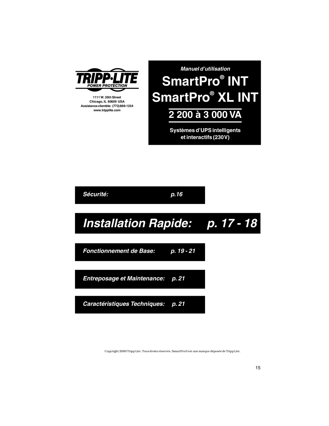 Tripp Lite XL INT specifications Installation Rapide p 