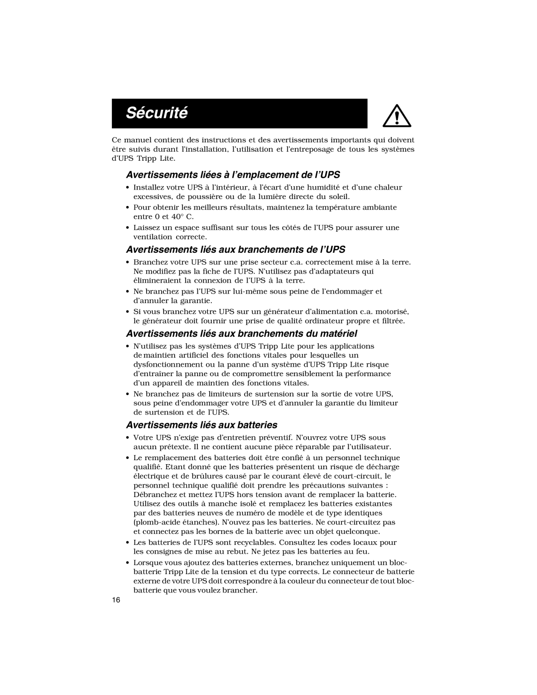 Tripp Lite XL INT Sécurité, Avertissements liées à l’emplacement de l’UPS, Avertissements liés aux branchements de l’UPS 