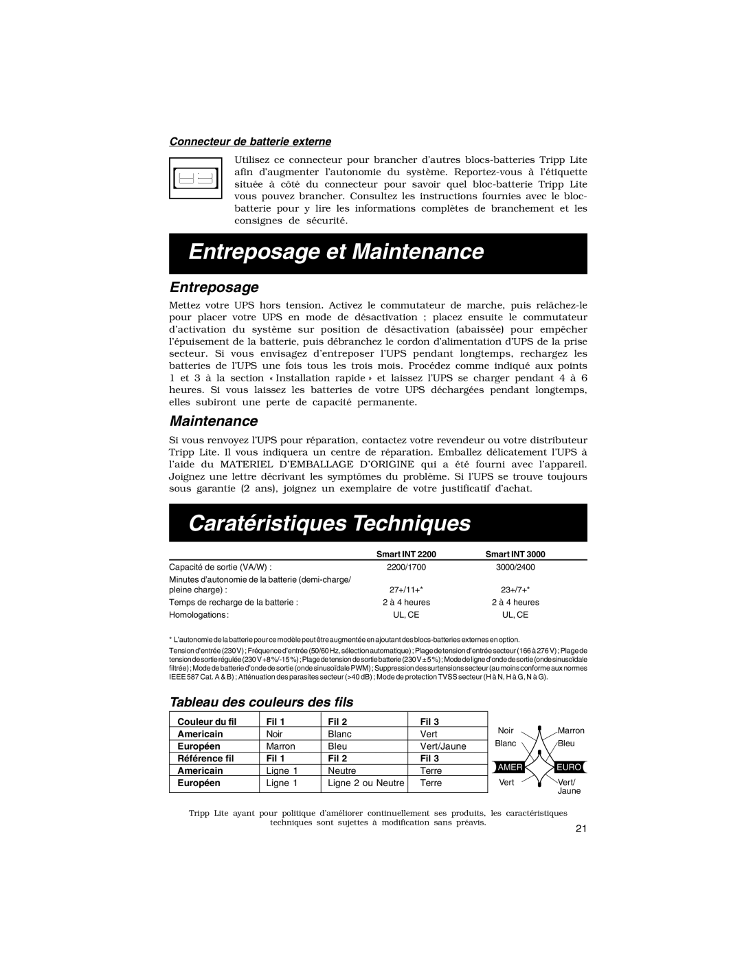 Tripp Lite XL INT specifications Entreposage et Maintenance, Caratéristiques Techniques, Tableau des couleurs des fils 