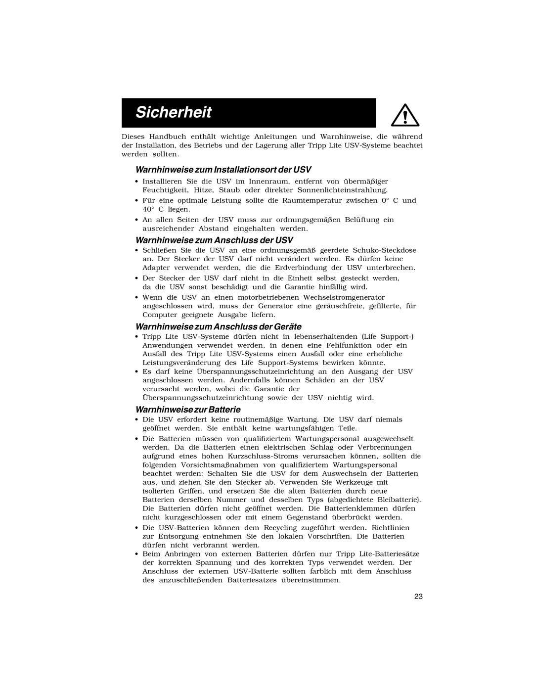 Tripp Lite XL INT specifications Sicherheit, Warnhinweise zum Installationsort der USV 