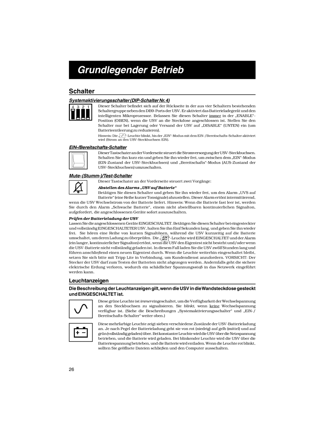 Tripp Lite XL INT specifications Grundlegender Betrieb, Leuchtanzeigen 