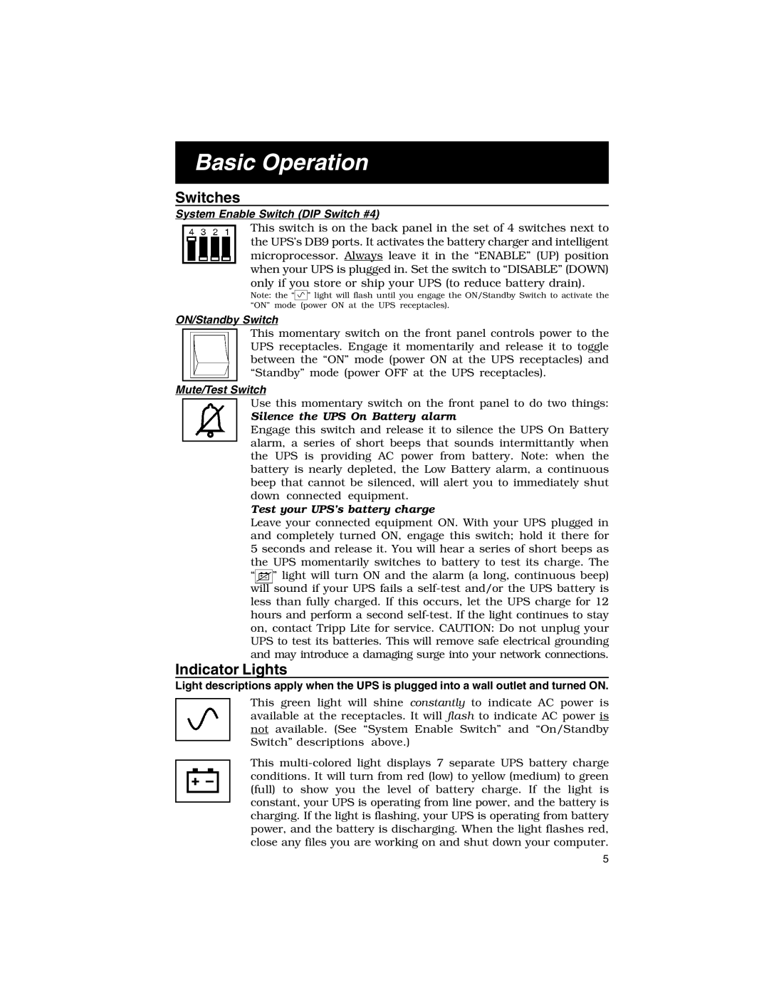 Tripp Lite XL INT specifications Basic Operation, System Enable Switch DIP Switch #4, ON/Standby Switch, Mute/Test Switch 