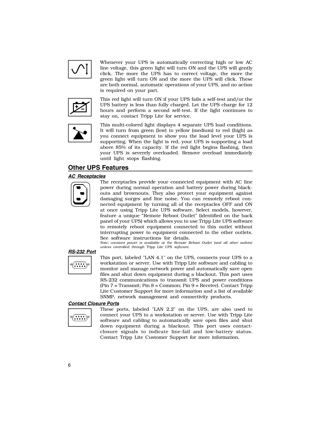 Tripp Lite XL INT specifications AC Receptacles, RS-232 Port, Contact Closure Ports 