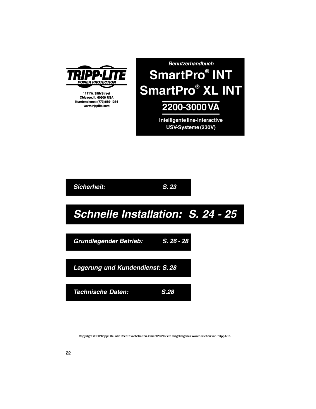 Tripp Lite XL INT Sicherheit, Grundlegender Betrieb, S. 26, Lagerung und Kundendienst S, Technische Daten, S.28 
