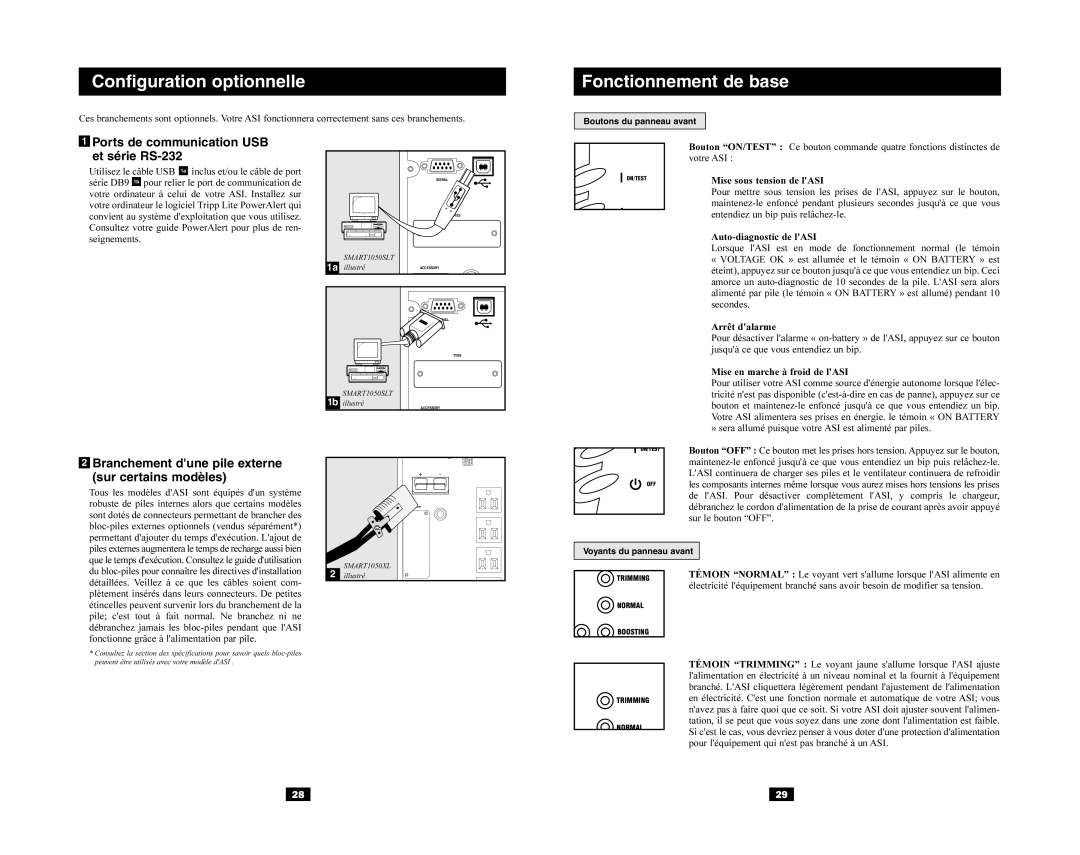 Tripp Lite XL, SLT Ports de communication USB et série RS-232, Branchement dune pile externe sur certains modèles 