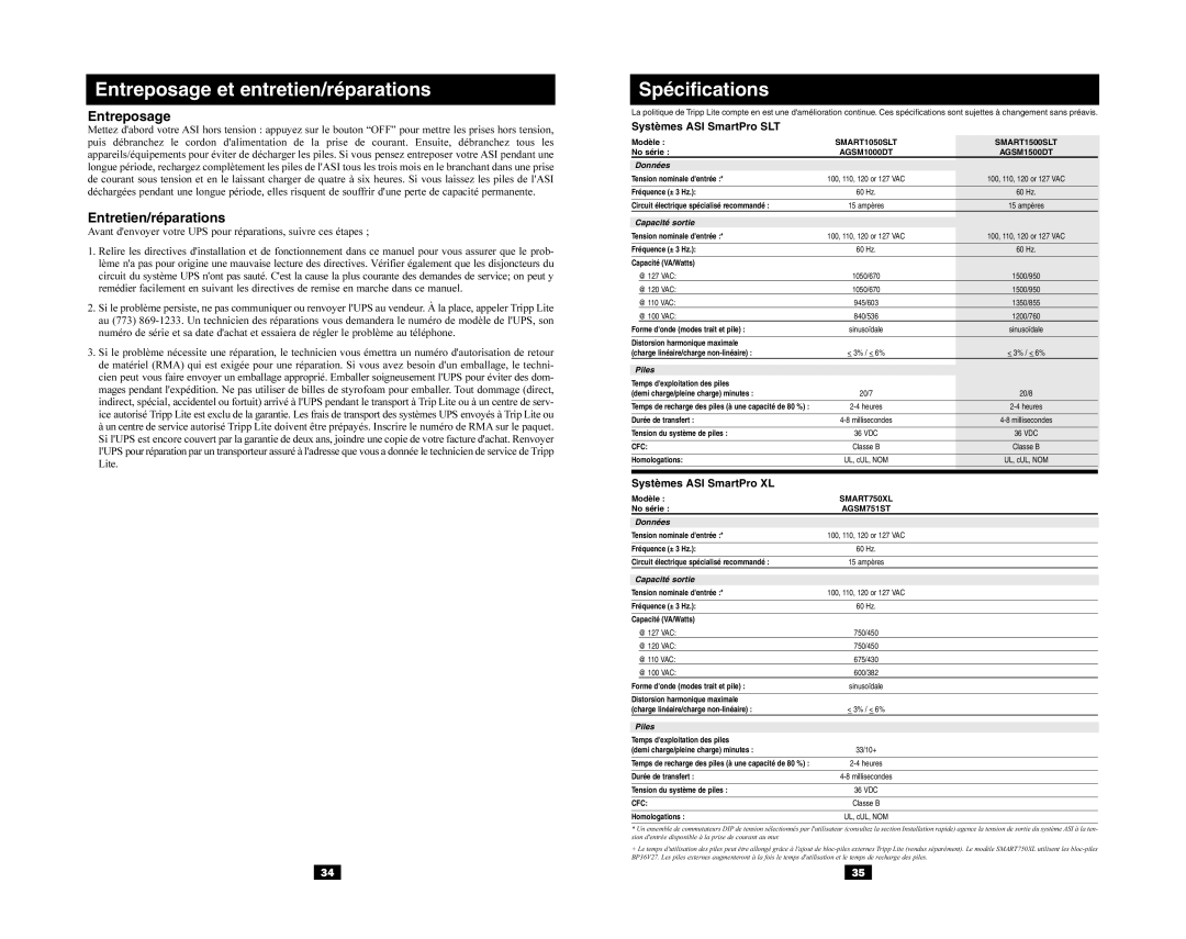 Tripp Lite owner manual Entreposage, Entretien/réparations, Systèmes ASI SmartPro SLT, Systèmes ASI SmartPro XL 