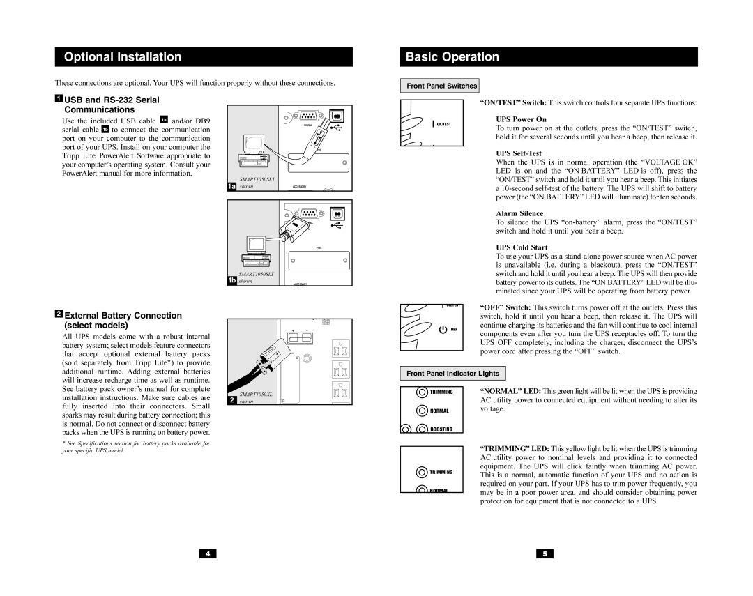 Tripp Lite XL, SLT USB and RS-232 Serial Communications, External Battery Connection select models, Front Panel Switches 