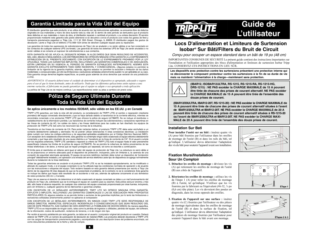 Tripp Lite Rackmount Power Strips and Isobar Rackmount Surge Suppressors/ Line-Noise Filters Guide de ’utilisateur 