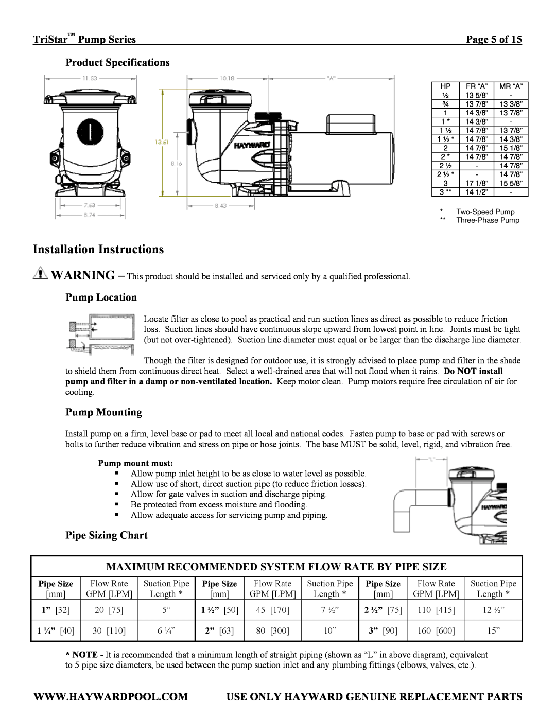TriStar SP3007X10AZ Installation Instructions, TriStar Pump Series, Product Specifications, Pump Location, Pump Mounting 
