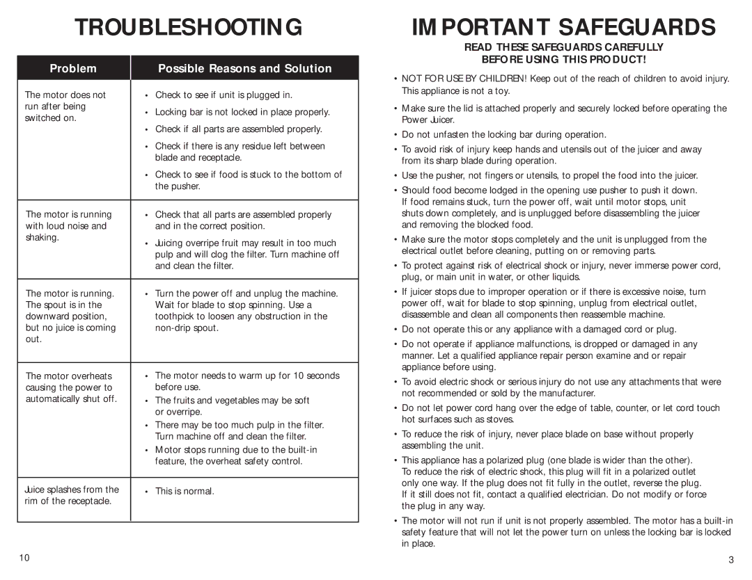 TriStar SSMT1000 manual Troubleshooting, Important Safeguards, Read These Safeguards Carefully Before Using this Product 