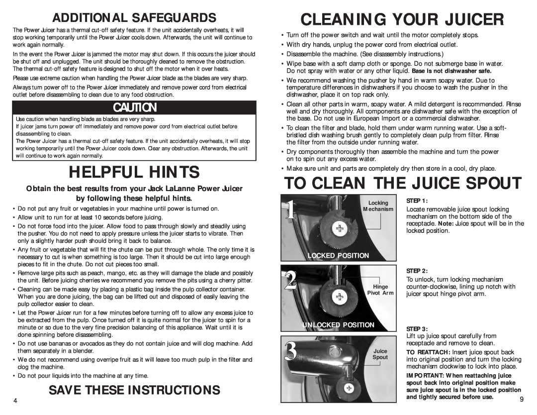 TriStar SSMT1000 Helpful Hints, Cleaning Your Juicer, To Clean The Juice Spout, Additional Safeguards, Locked Position 