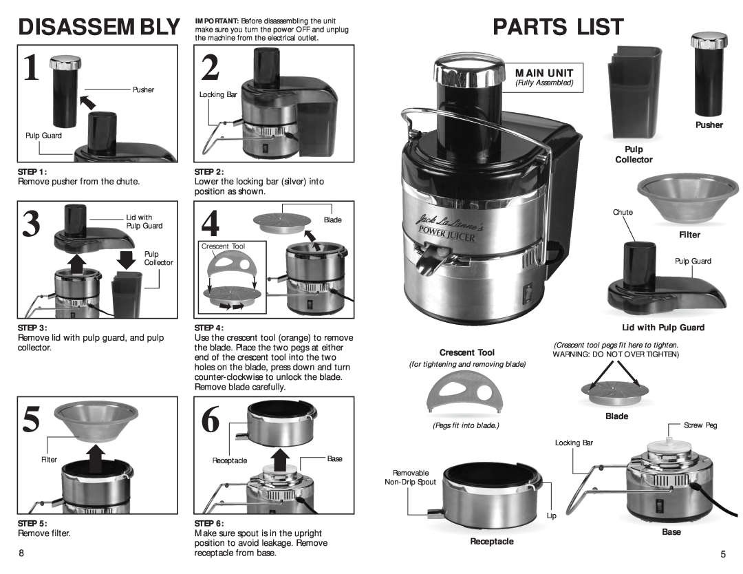 TriStar SSMT1000 manual Disassembly, Parts List, Main Unit 