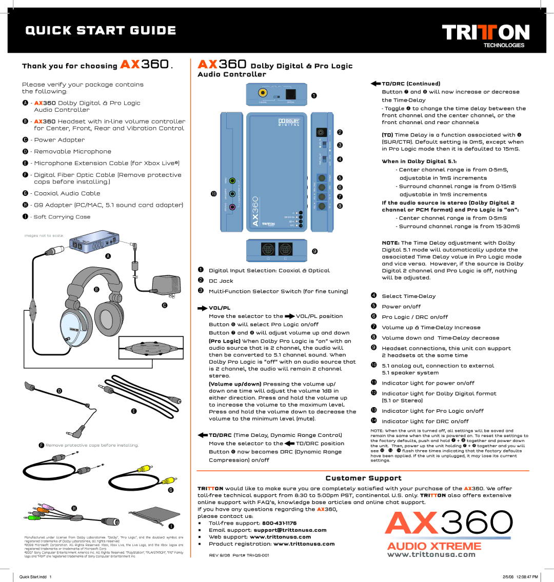 Tritton Technologies AX360 AUDIO EXTREME manual Quick Start Guide, Thank you for choosing AX360, Customer Support 