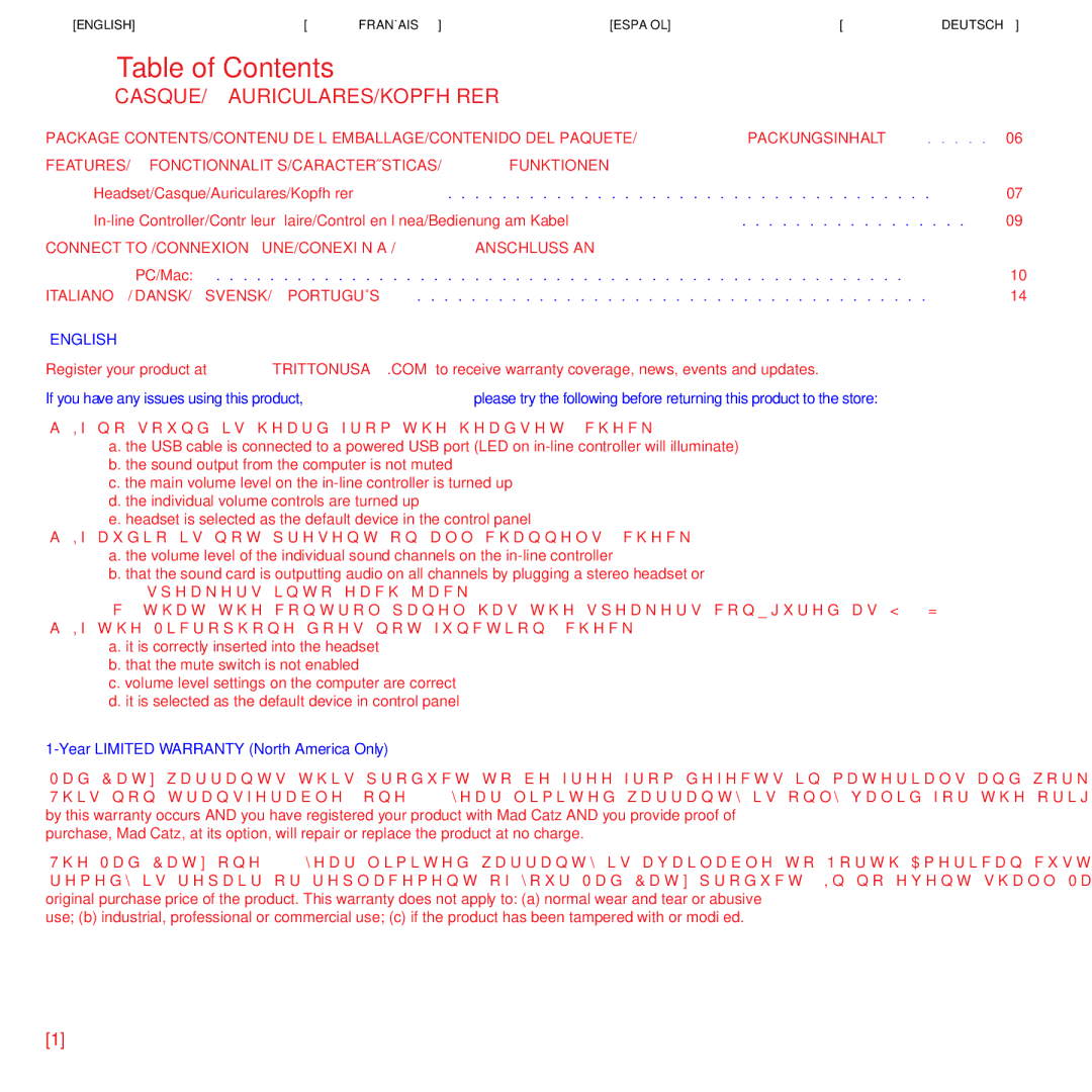 Tritton Technologies Gaming Headset, R03N763NR manual Table of Contents 