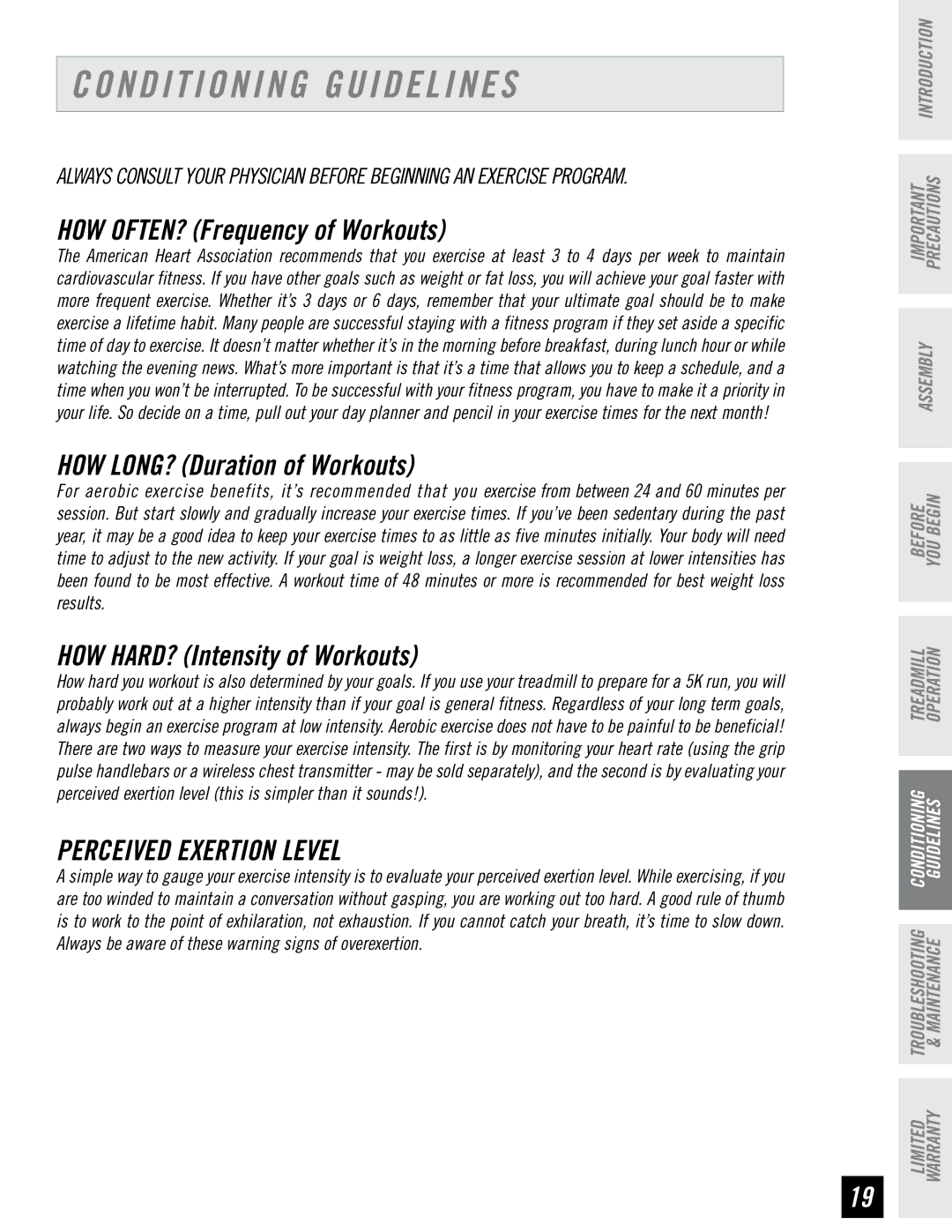 Triumph Plant 700T manual Conditioning Guidelines, Perceived Exertion Level 