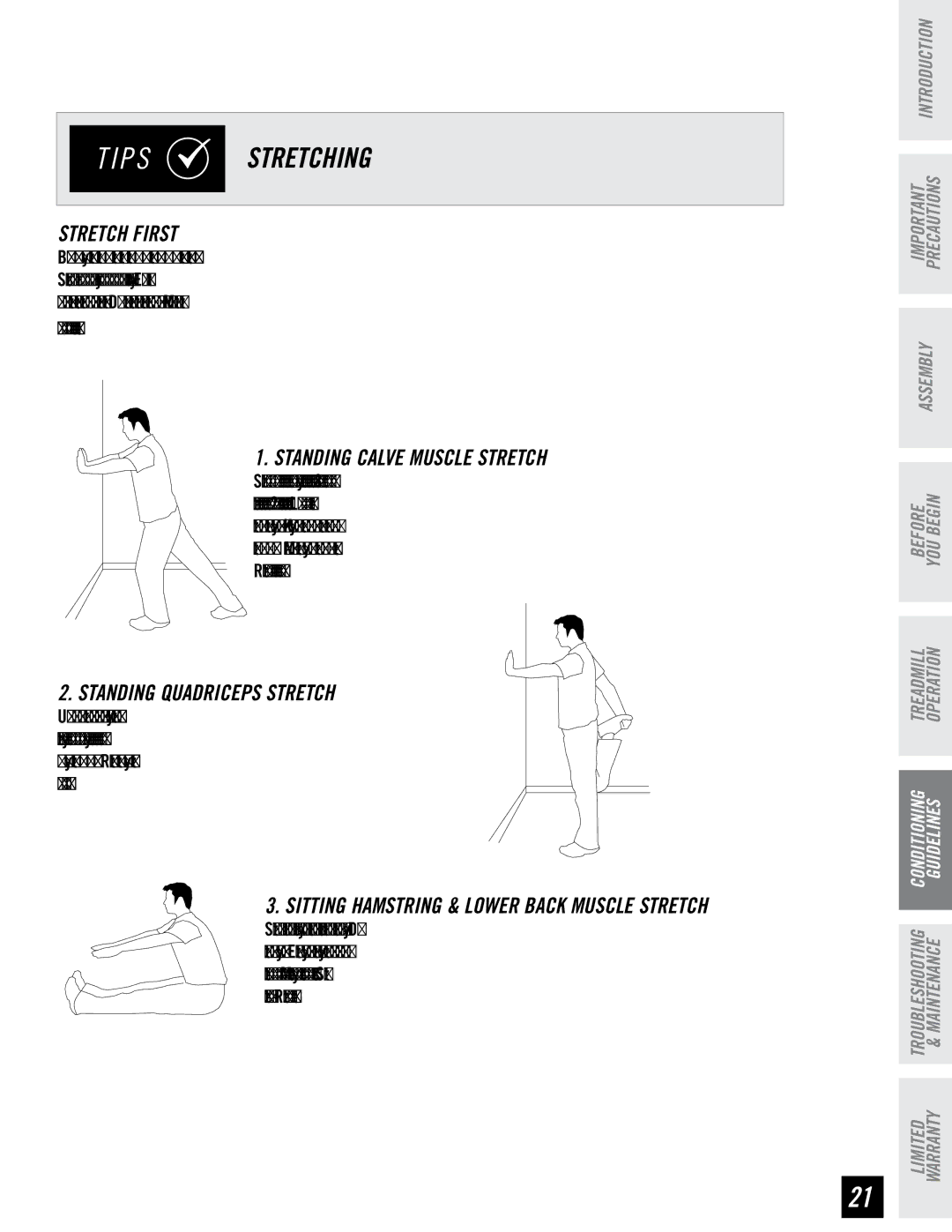 Triumph Plant 700T manual P S Stretching, Stretch First, Standing Calve Muscle Stretch, Standing Quadriceps Stretch 