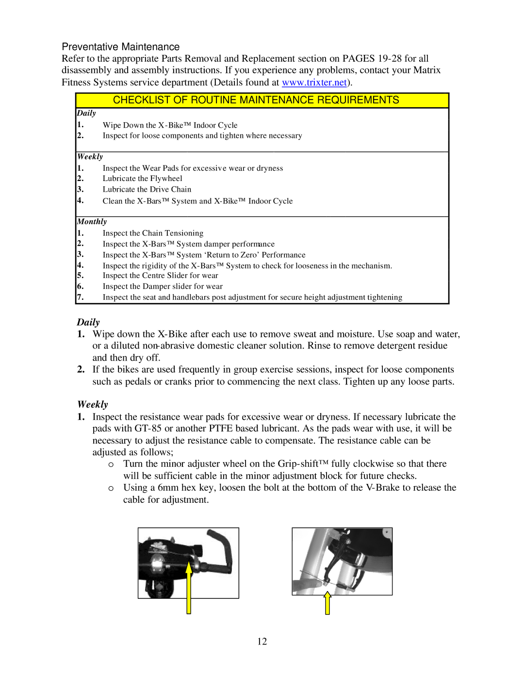 Trixter X-Bike manual Preventative Maintenance, Daily, Weekly 