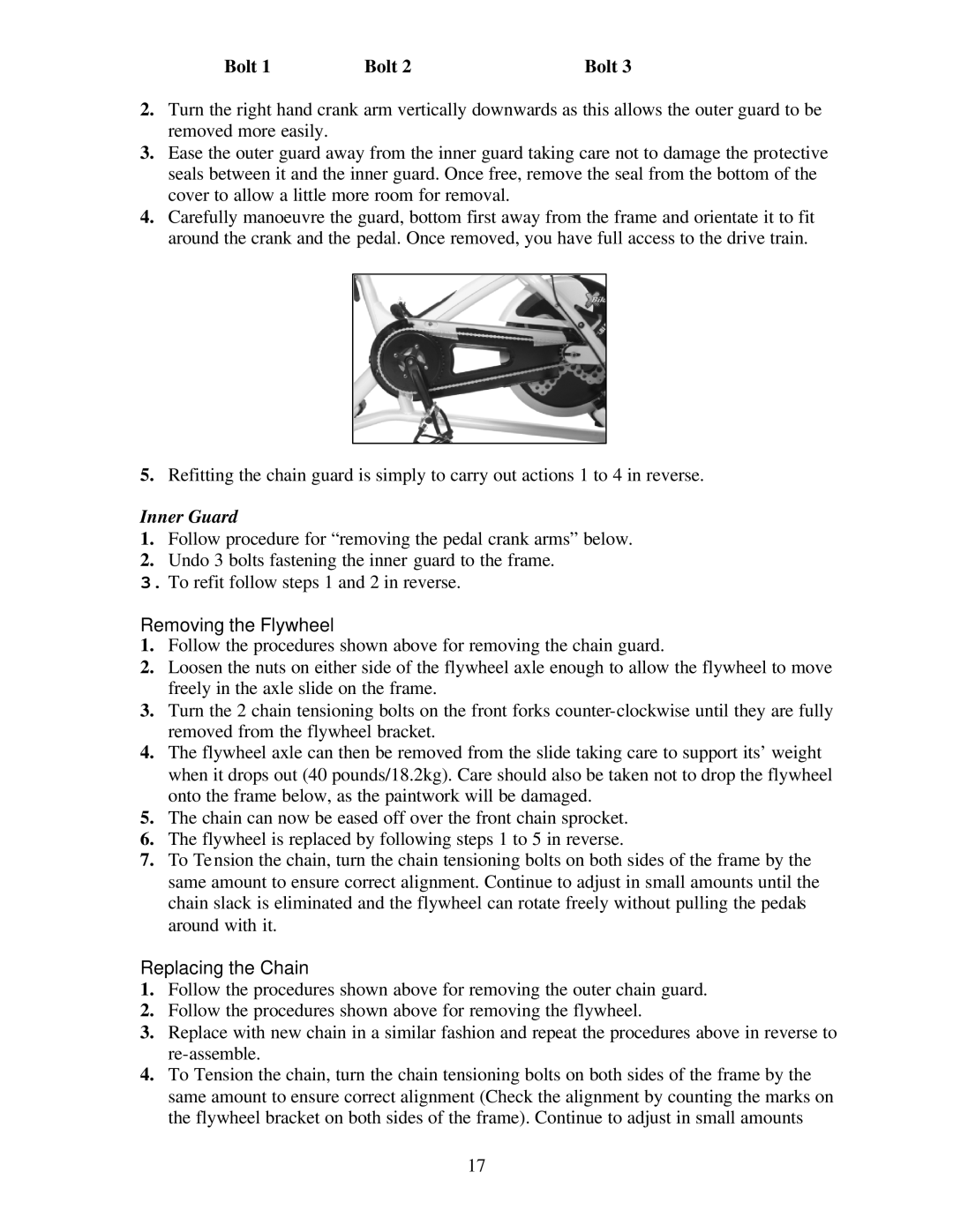 Trixter X-Bike manual Bolt, Inner Guard, Removing the Flywheel, Replacing the Chain 