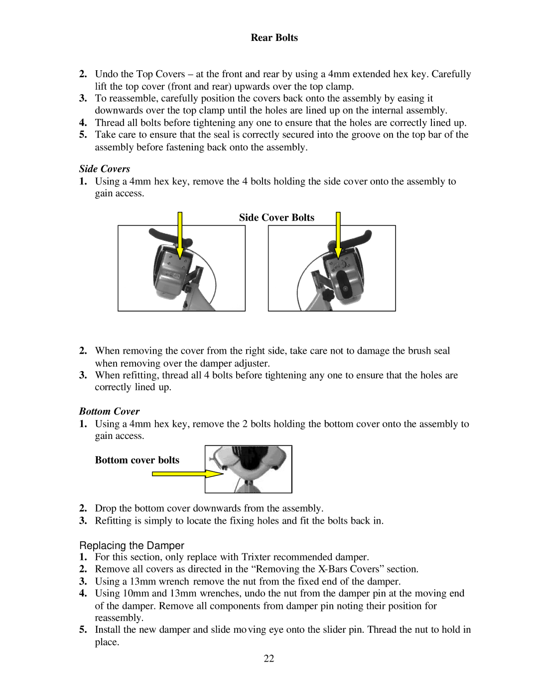 Trixter X-Bike manual Rear Bolts, Side Covers, Side Cover Bolts, Bottom Cover, Bottom cover bolts 