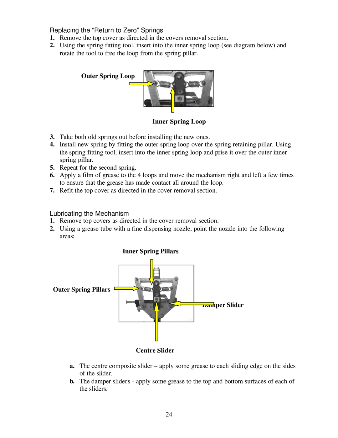 Trixter X-Bike manual Replacing the Return to Zero Springs, Outer Spring Loop Inner Spring Loop, Lubricating the Mechanism 