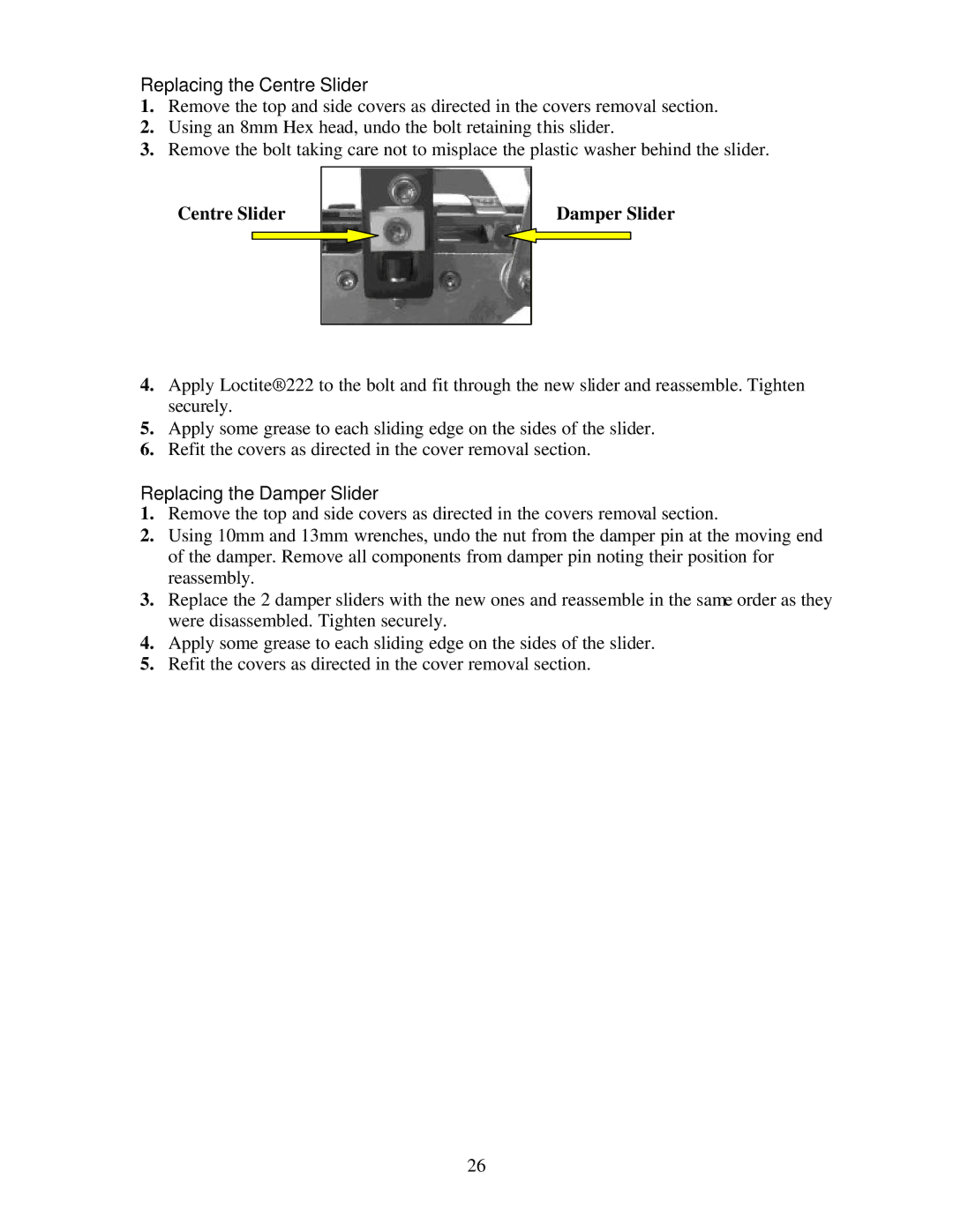 Trixter X-Bike manual Replacing the Centre Slider, Centre Slider Damper Slider, Replacing the Damper Slider 