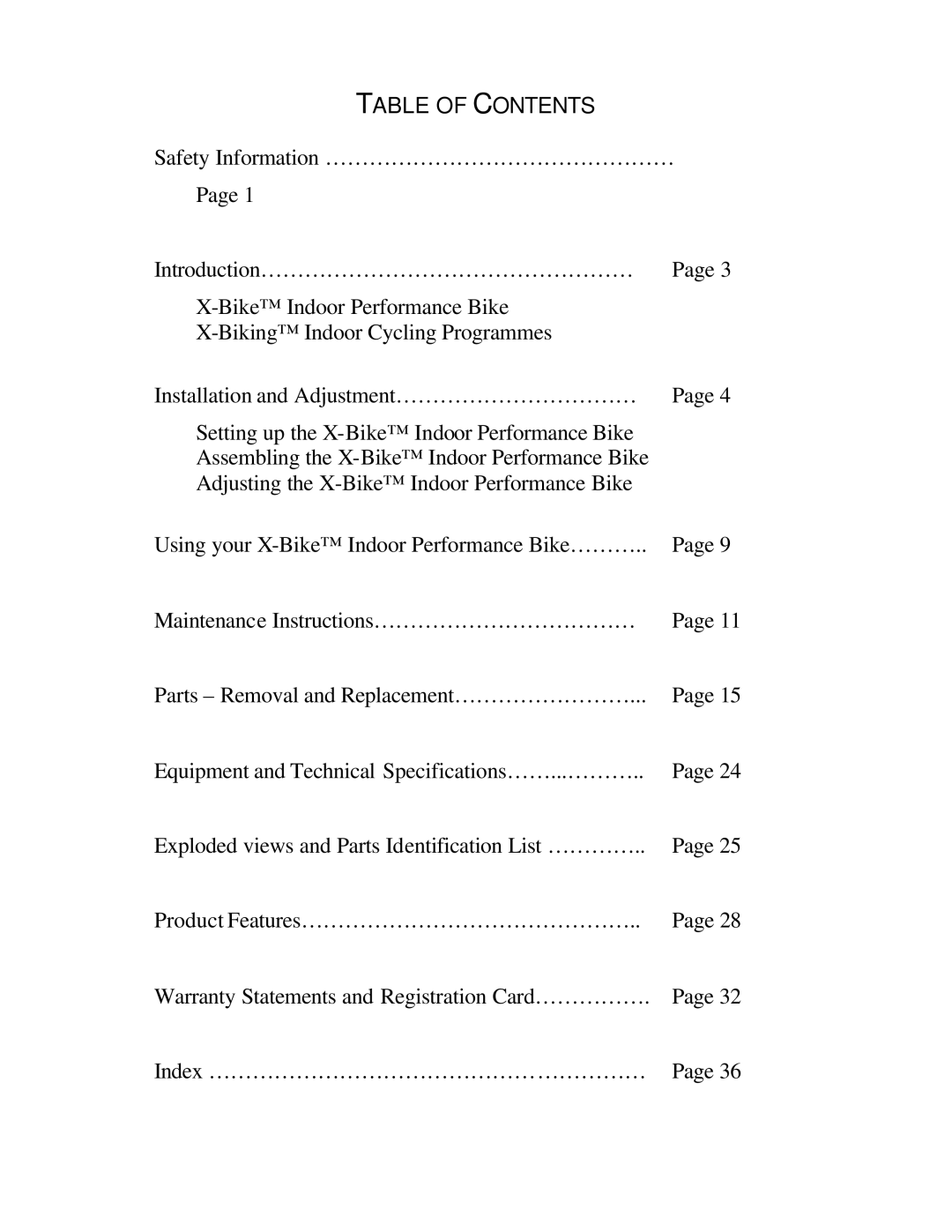 Trixter X-Bike manual Table of Contents 