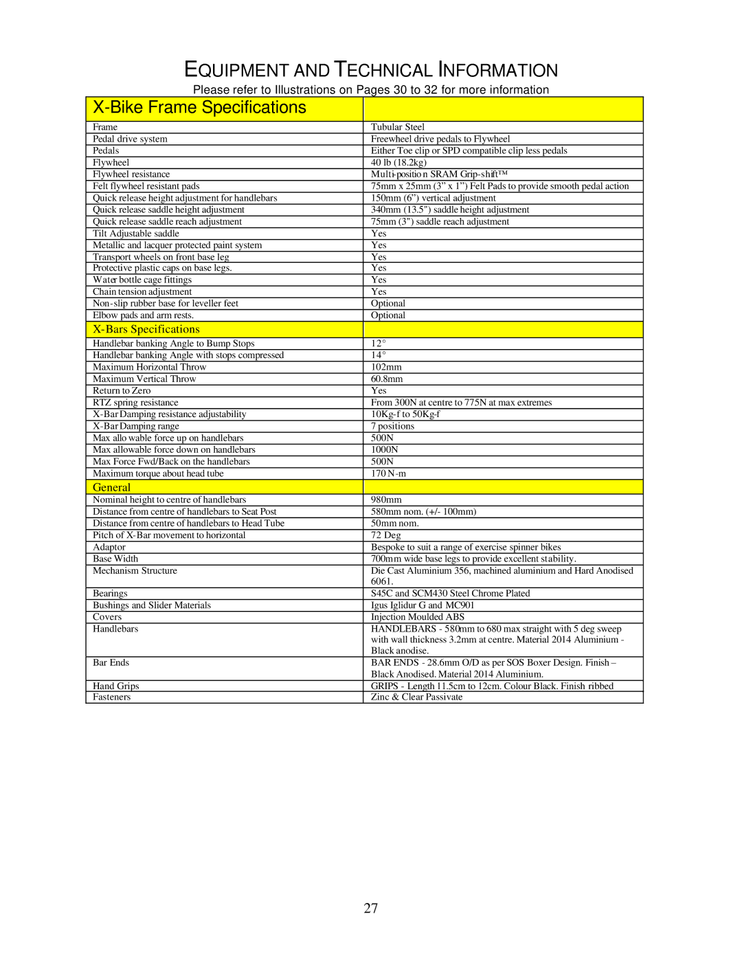 Trixter X-Bike manual Equipment and Technical Information, Bike Frame Specifications 