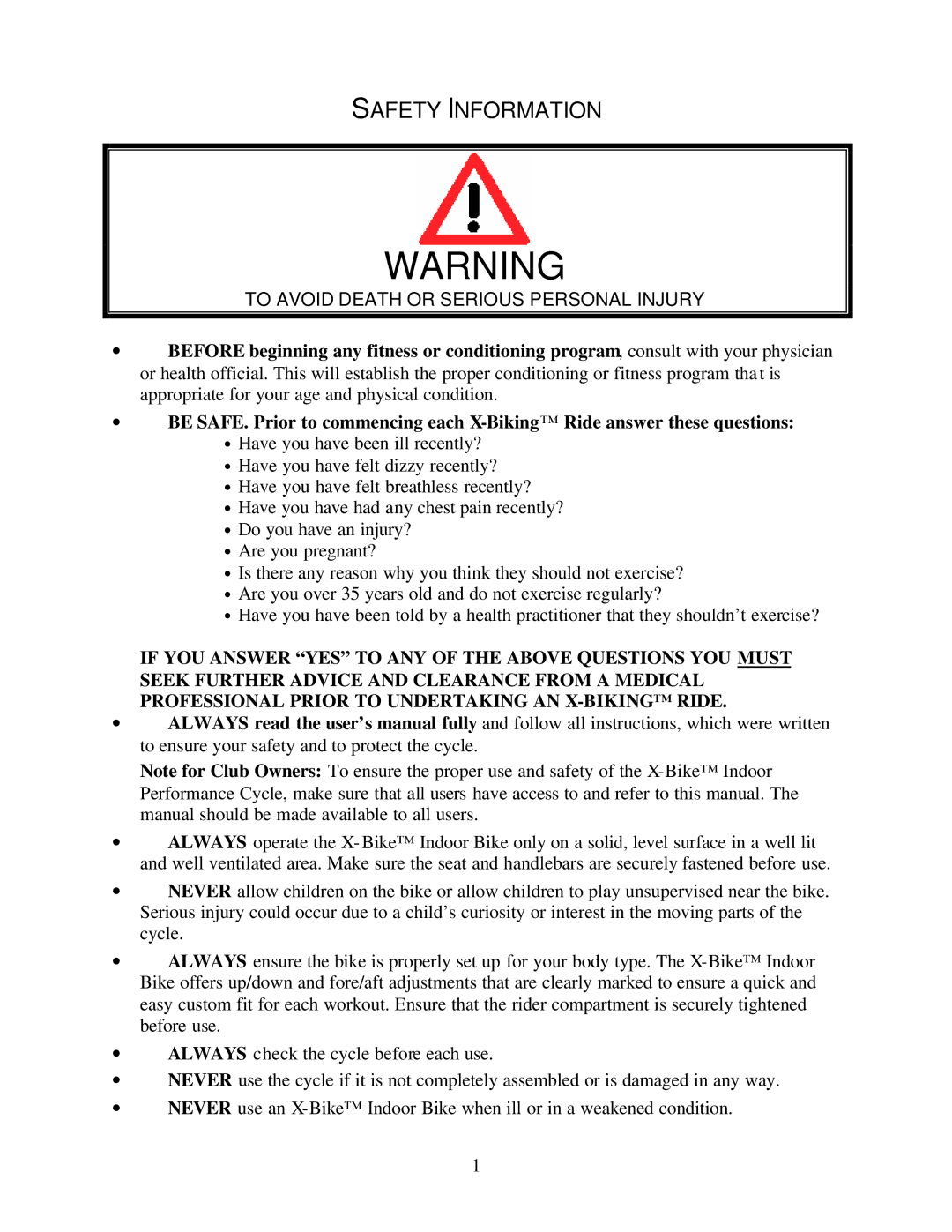 Trixter X-Bike manual Safety Information 