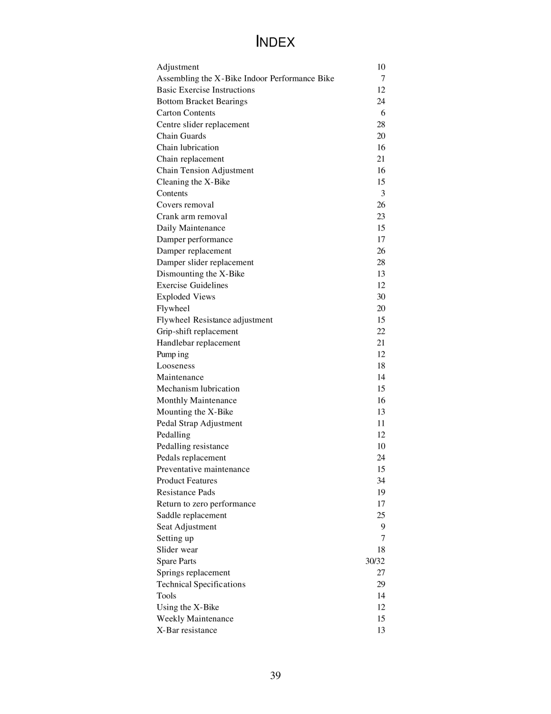 Trixter X-Bike manual Index 