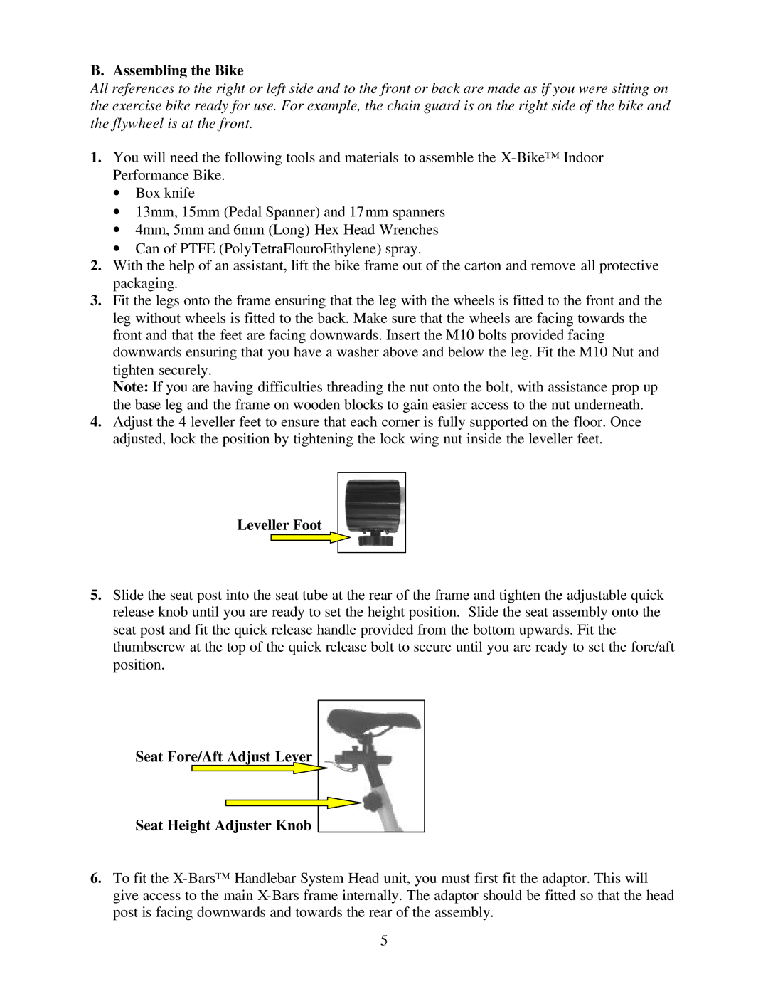 Trixter X-Bike manual Assembling the Bike, Leveller Foot, Seat Fore/Aft Adjust Lever Seat Height Adjuster Knob 