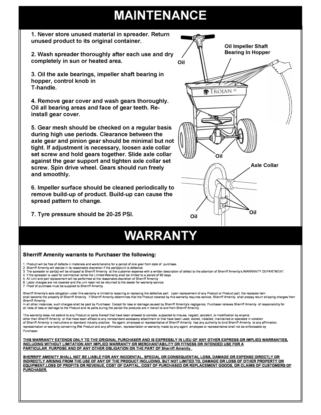 Trojan 30 owner manual Maintenance, Warranty 