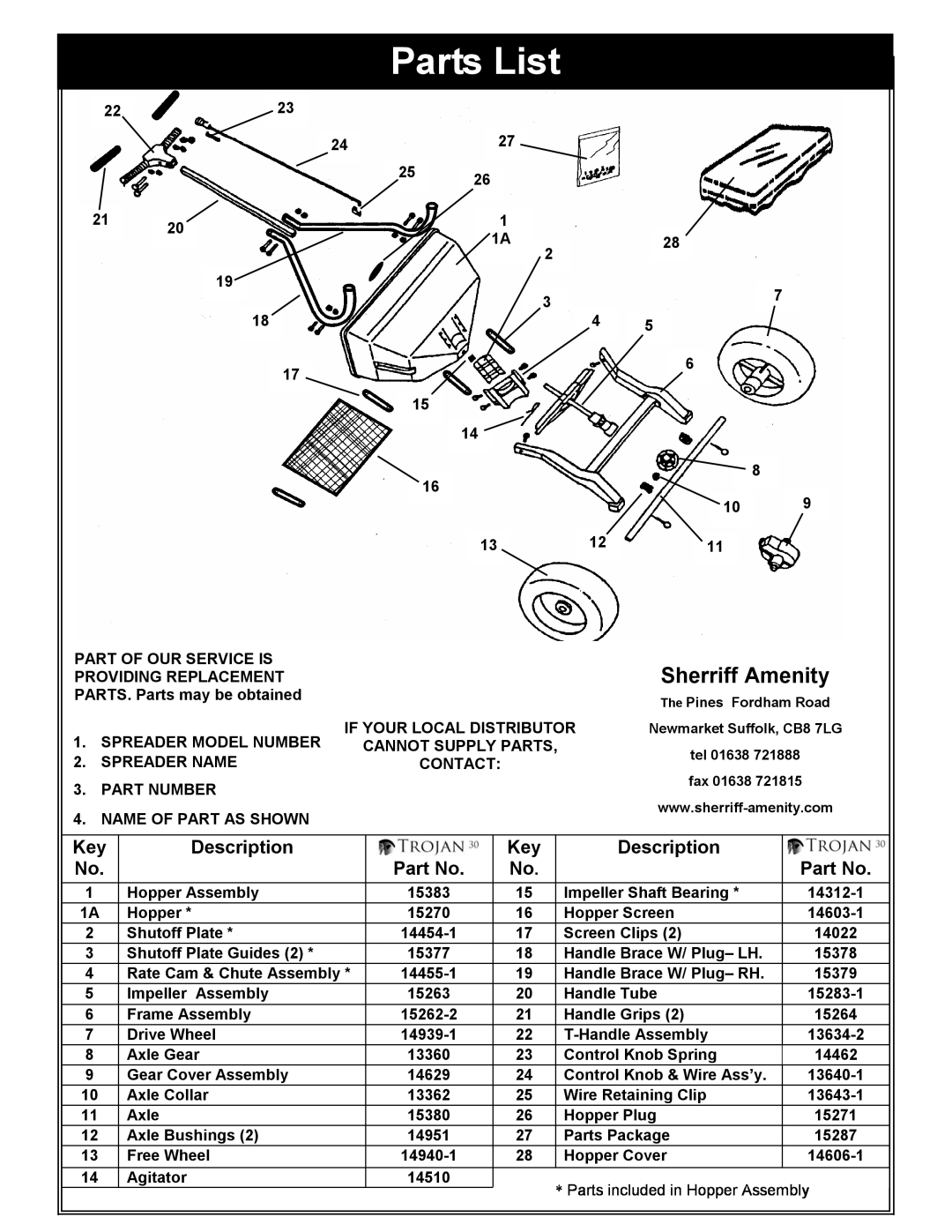 Trojan 30 owner manual Parts List, Sherriff Amenity 