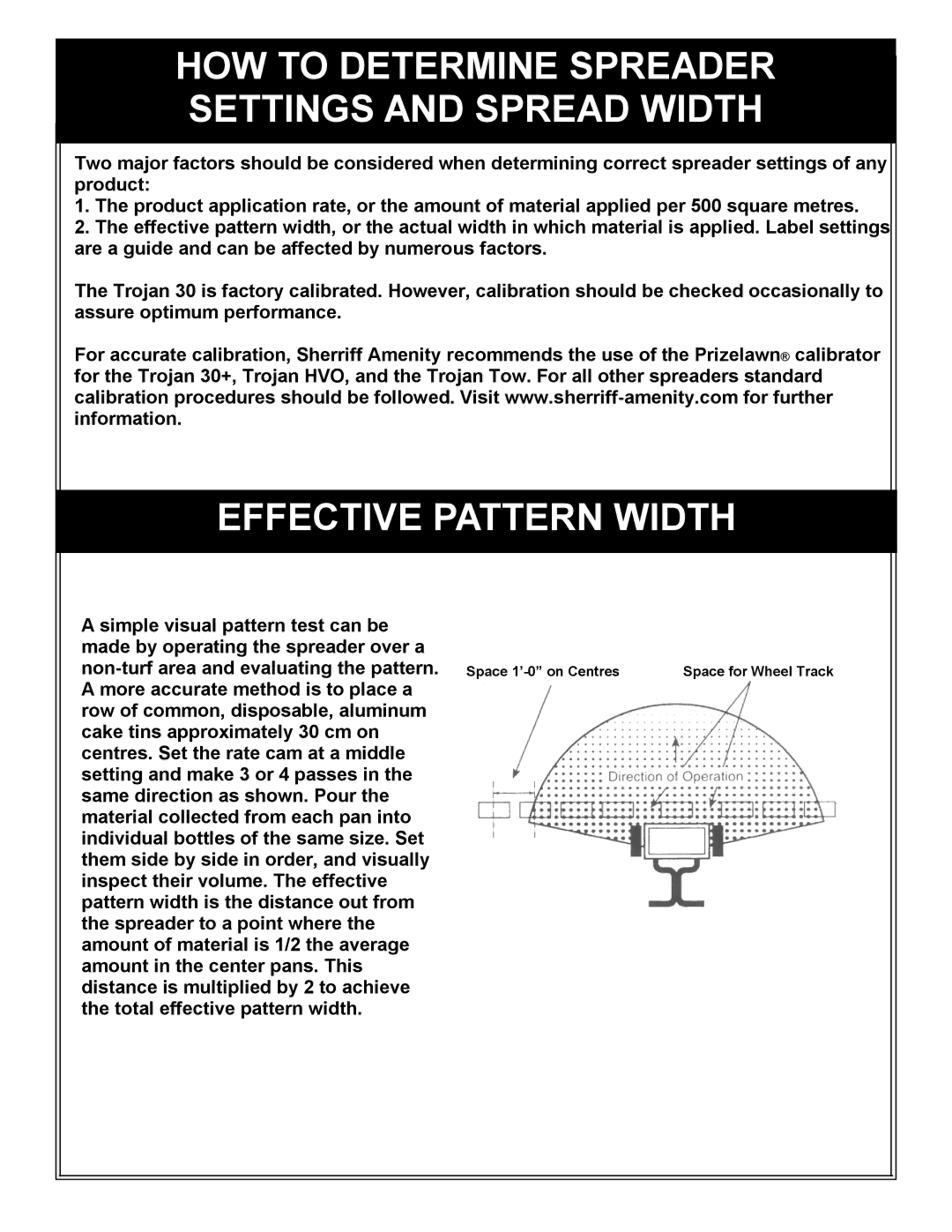 Trojan 30 owner manual HOW to Determine Spreader Settings and Spread Width, Effective Pattern Width 