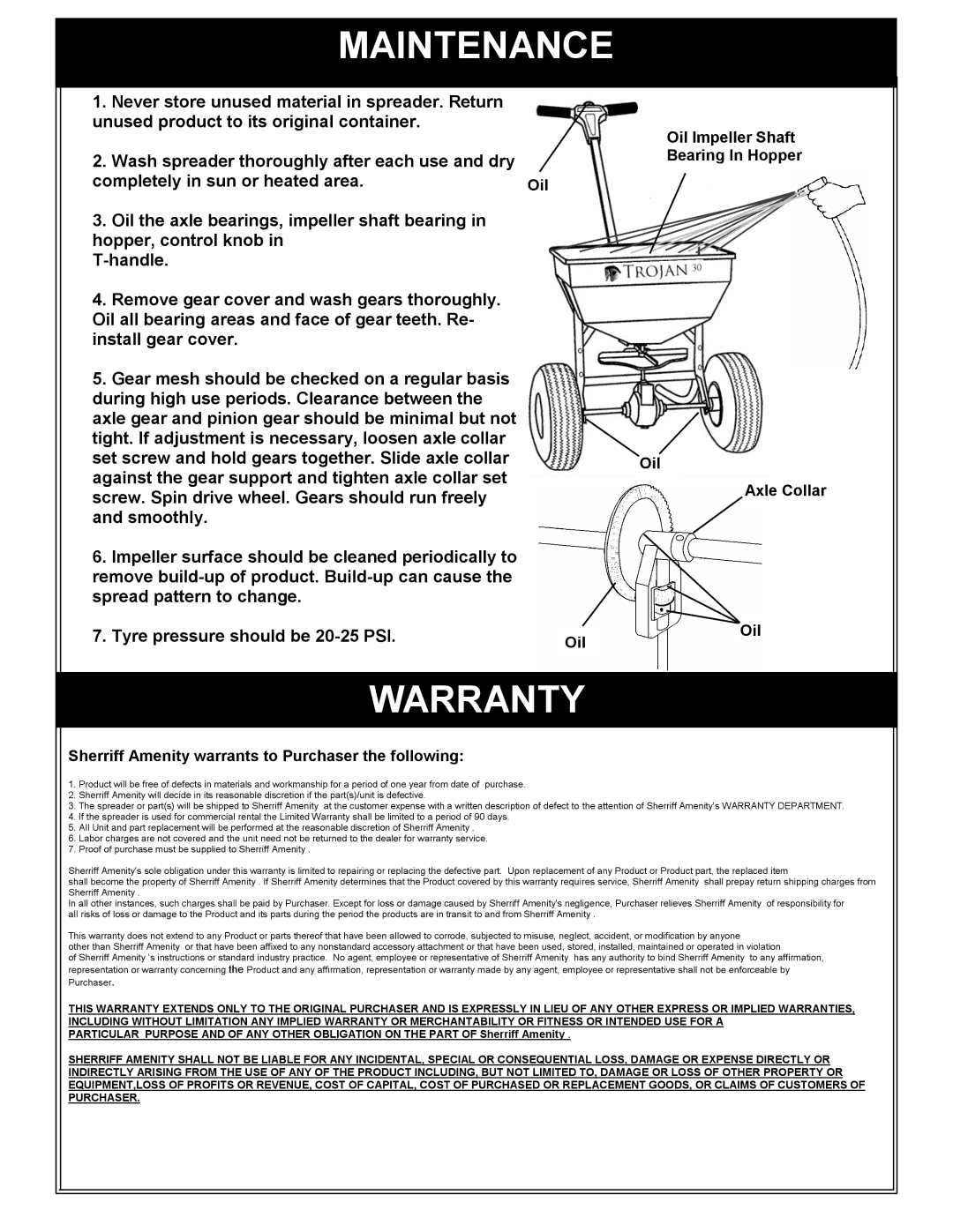 Trojan 30 owner manual Maintenance, Warranty 