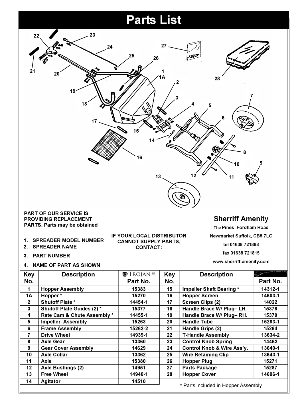 Trojan 30 owner manual Parts List 