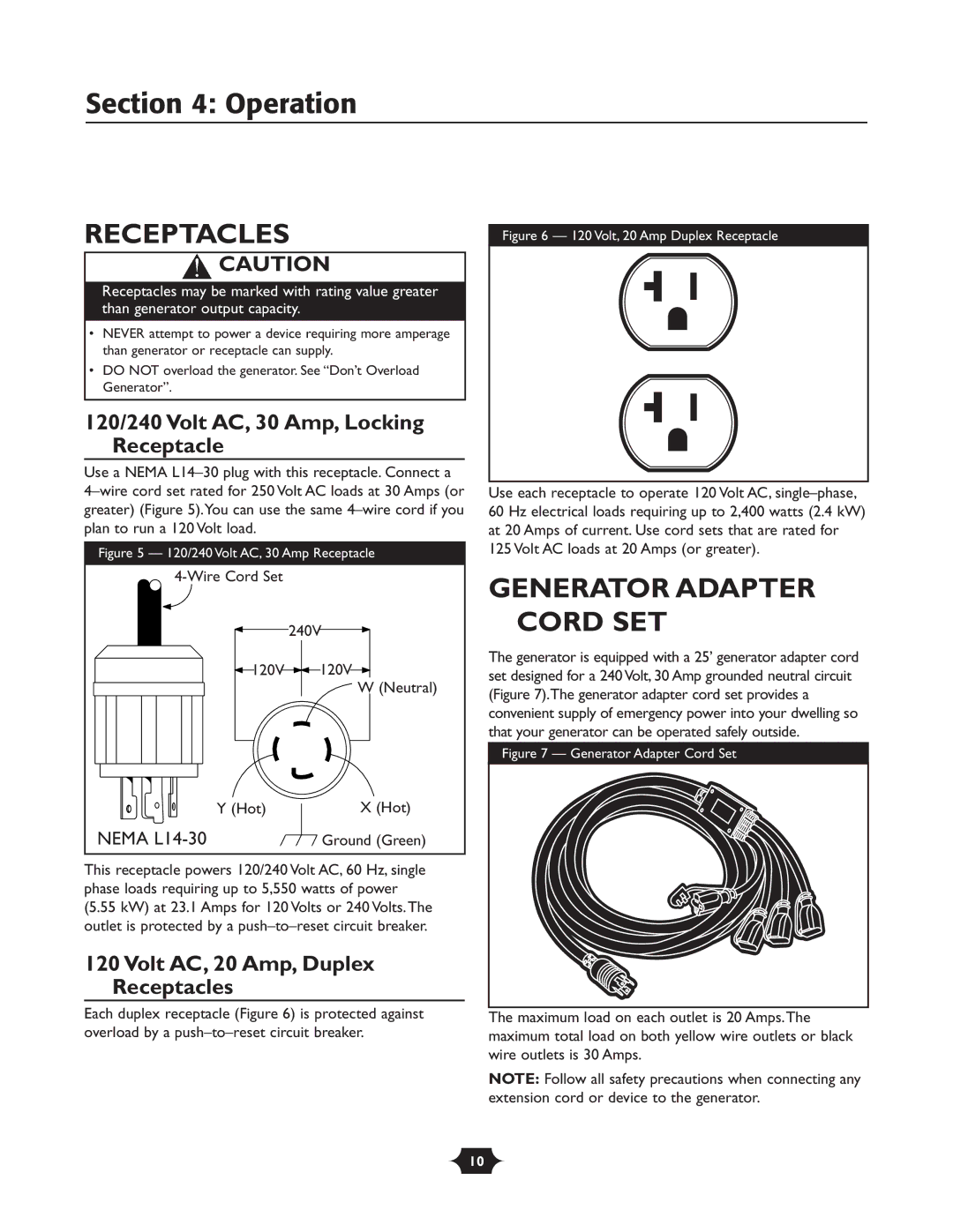 Troy-Bilt 01919-1 owner manual Receptacles, Generator Adapter Cord SET, 120/240 Volt AC, 30 Amp, Locking Receptacle 