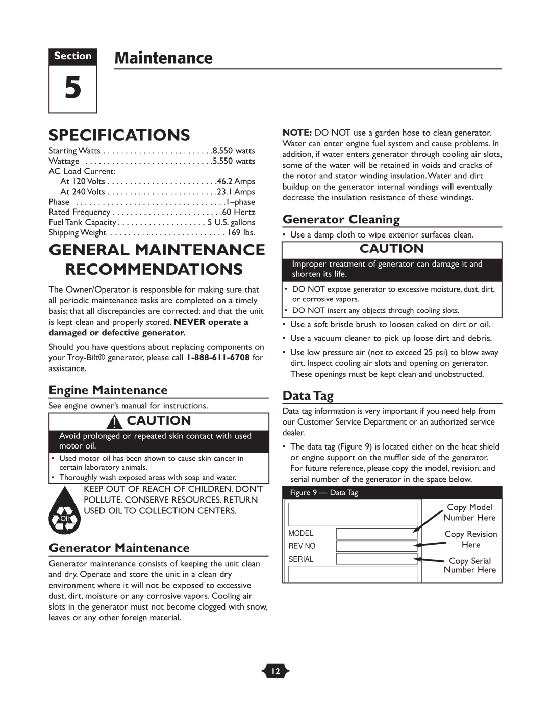 Troy-Bilt 01919-1 owner manual Section Maintenance, Specifications, General Maintenance Recommendations 