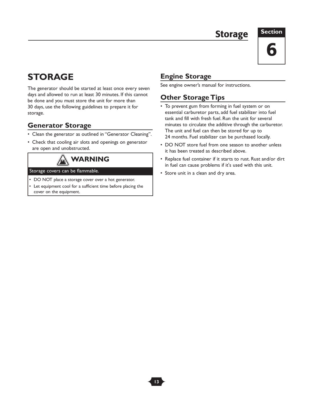 Troy-Bilt 01919-1 owner manual Generator Storage, Engine Storage Other Storage Tips 